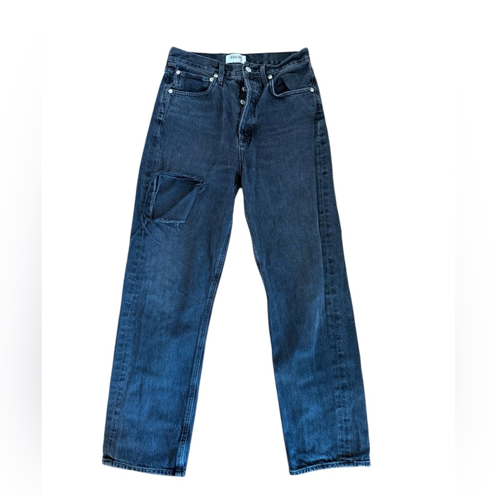 AGOLDE 90’s Mid-Ride Straight Jeans in Black Distressed - Picture 2 of 11